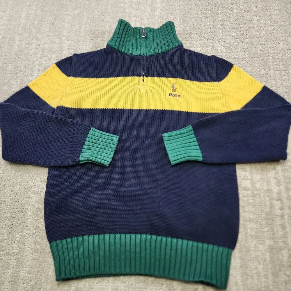 Polo Ralph Lauren Sweater Kids Medium 10-12  Heavy Cotton Quarter Zip Colorblock